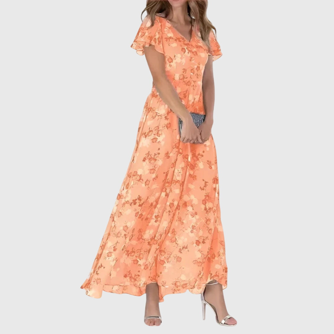 Women's Floral V-Neck Maxi Dress with Flutter Sleeves | Luna
