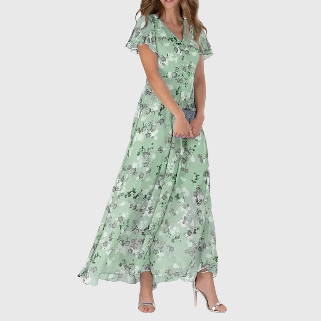 Women's Floral V-Neck Maxi Dress with Flutter Sleeves | Luna