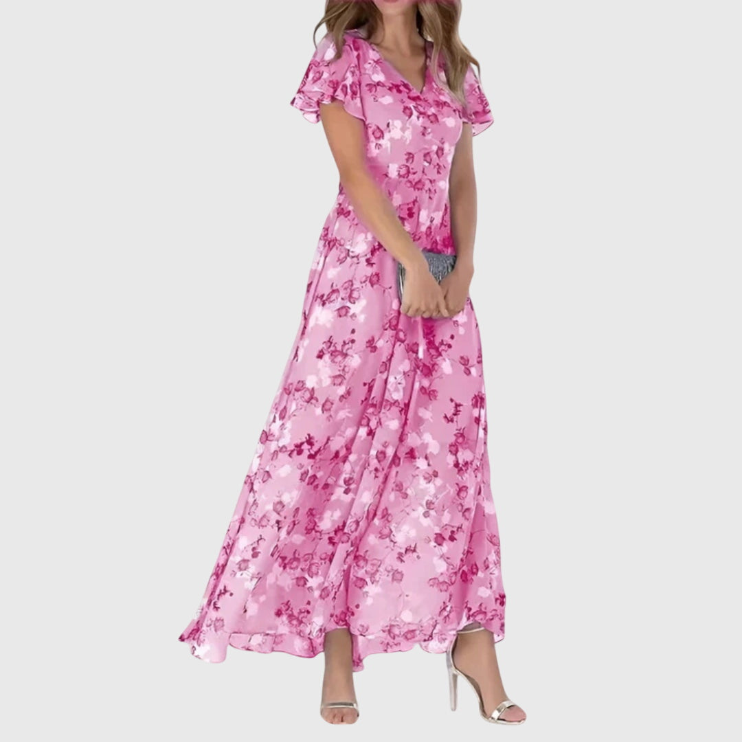 Women's Floral V-Neck Maxi Dress with Flutter Sleeves | Luna