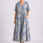 Women's Floral V-Neck Maxi Dress with Pockets and Short Sleeves | Xenia