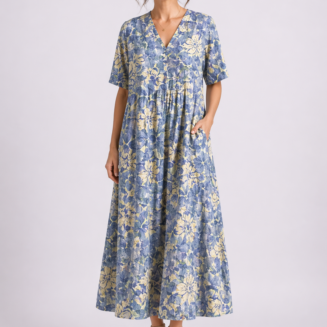 Women's Floral V-Neck Maxi Dress with Pockets and Short Sleeves | Xenia