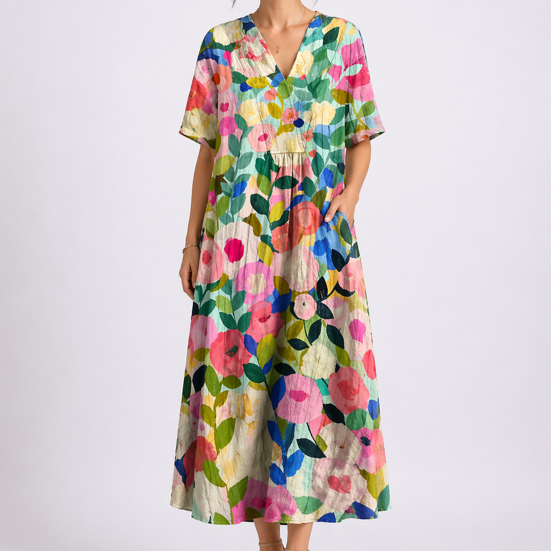 Women's Floral V-Neck Maxi Dress with Pockets and Short Sleeves | Xenia