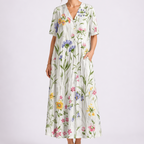 Women's Floral V-Neck Maxi Dress with Pockets and Short Sleeves | Xenia