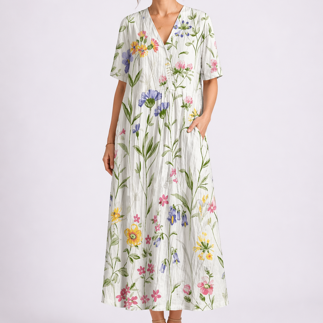 Women's Floral V-Neck Maxi Dress with Pockets and Short Sleeves | Xenia