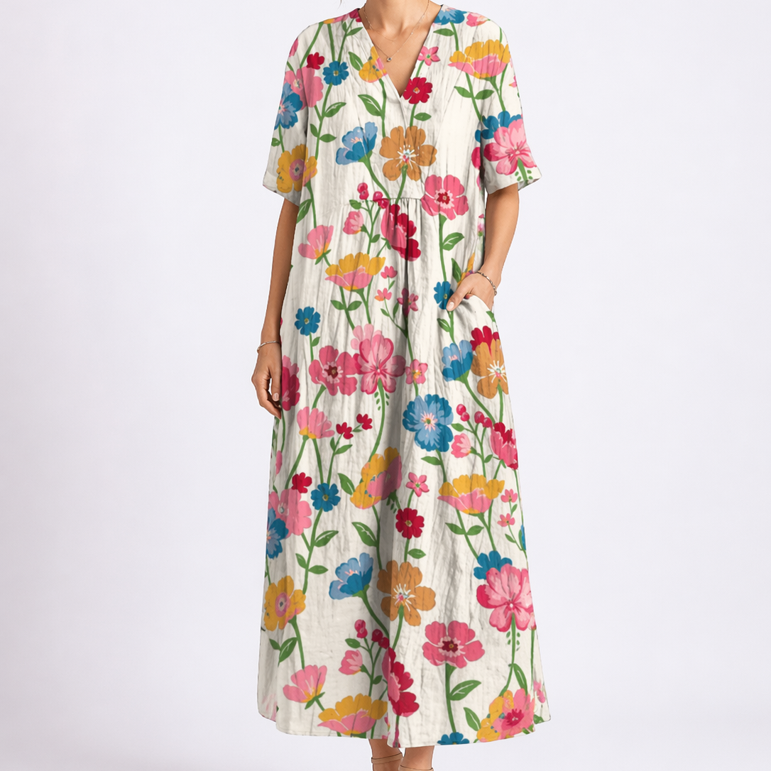 Women's Floral V-Neck Maxi Dress with Pockets and Short Sleeves | Xenia