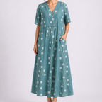 Women's Floral V-Neck Maxi Dress with Pockets and Short Sleeves | Xenia