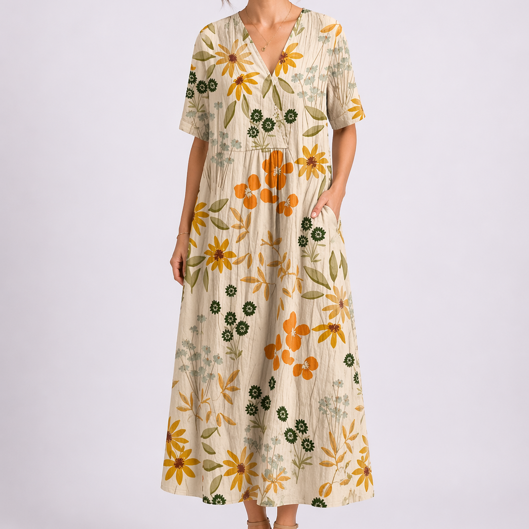Women's Floral V-Neck Maxi Dress with Pockets and Short Sleeves | Xenia