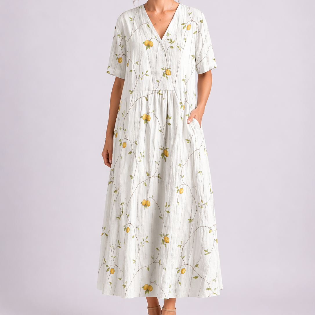 Women's Floral V-Neck Maxi Dress with Pockets and Short Sleeves | Xenia