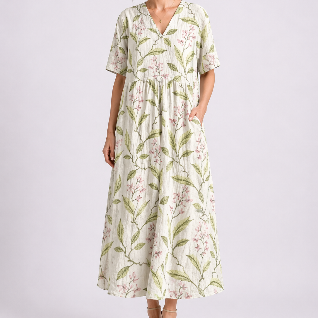 Women's Floral V-Neck Maxi Dress with Pockets and Short Sleeves | Xenia