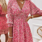 Women's Floral V-Neck Puff Sleeve Smocked Waist Mini Dress | Heidi