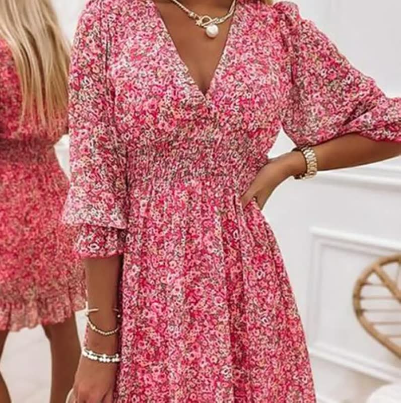 Women's Floral V-Neck Puff Sleeve Smocked Waist Mini Dress | Heidi