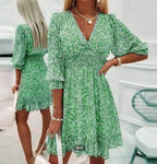 Women's Floral V-Neck Puff Sleeve Smocked Waist Mini Dress | Heidi