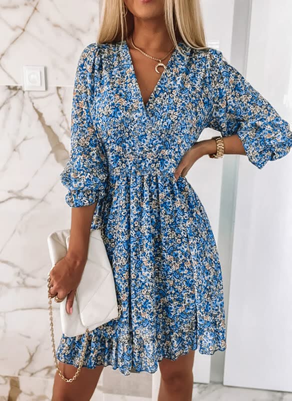 Women's Floral V-Neck Puff Sleeve Smocked Waist Mini Dress | Heidi