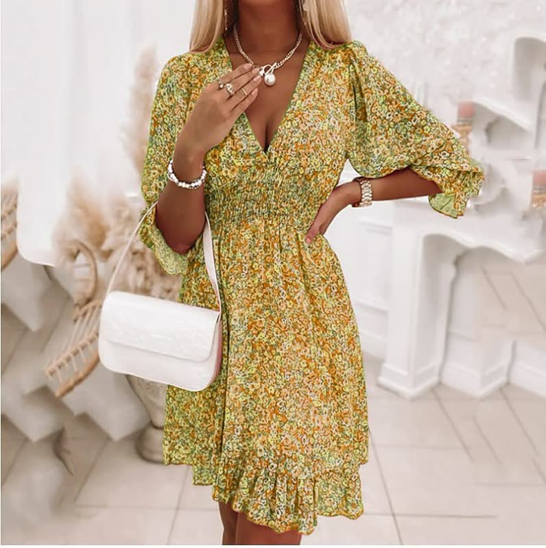 Women's Floral V-Neck Puff Sleeve Smocked Waist Mini Dress | Heidi