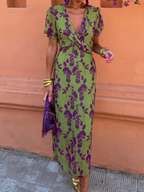 Women's Floral Wrap V-Neck Midi Dress with Puff Sleeves | Jasmine