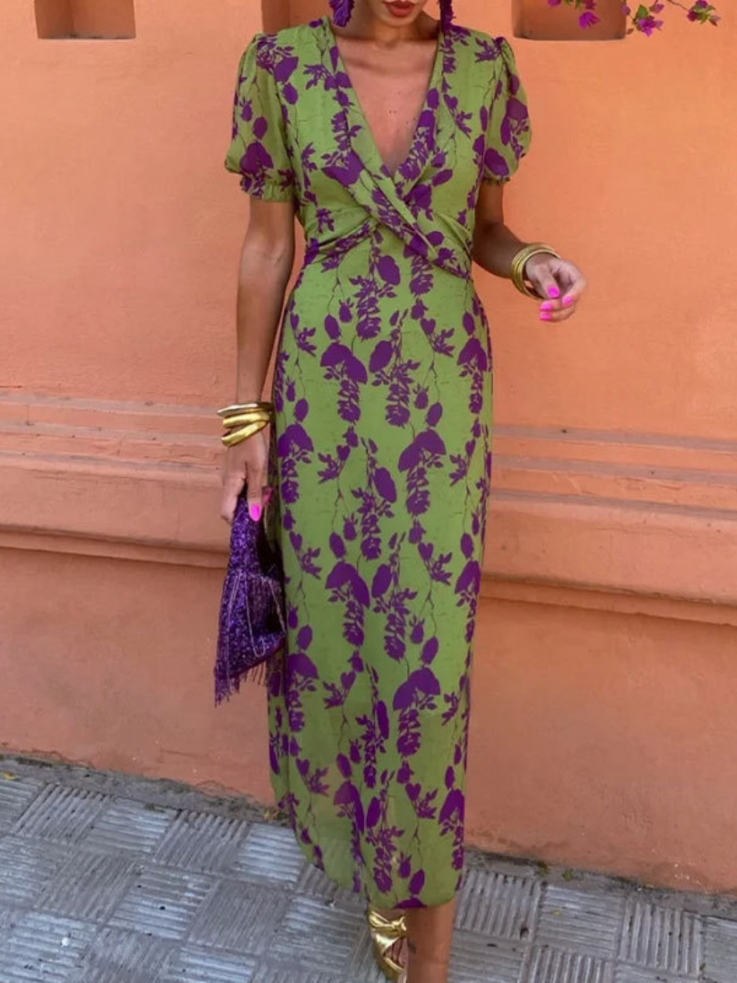 Women's Floral Wrap V-Neck Midi Dress with Puff Sleeves | Jasmine