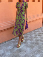 Women's Floral Wrap V-Neck Midi Dress with Puff Sleeves | Jasmine