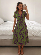 Women's Floral Wrap V-Neck Midi Dress with Puff Sleeves | Jasmine