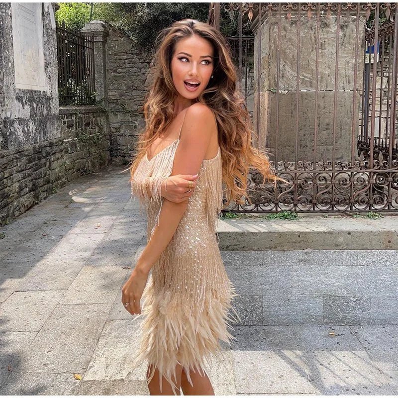 Women's Fringe Feather Mini Party Dress | Yara