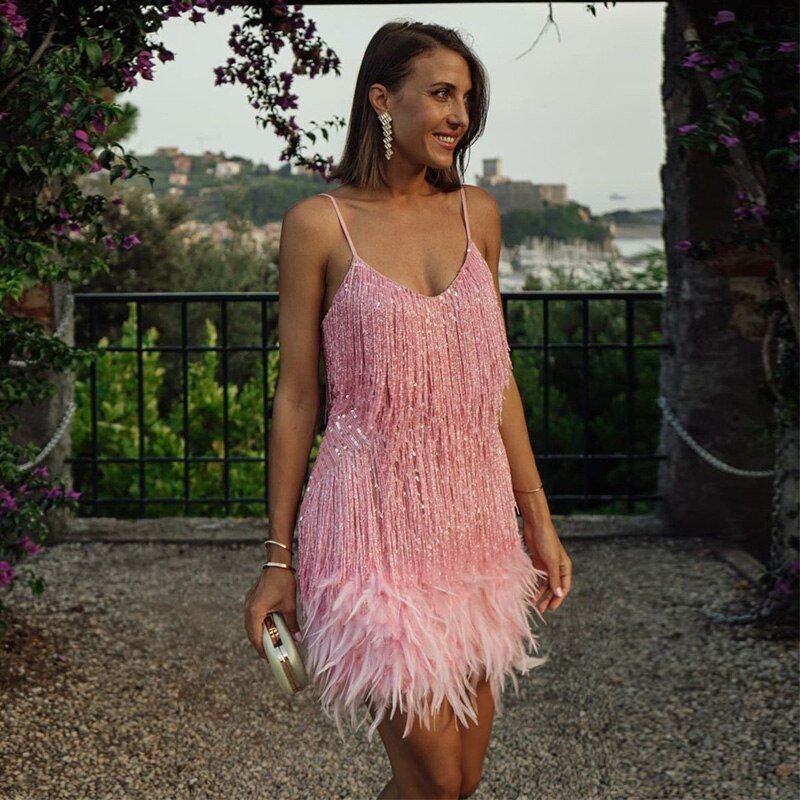Women's Fringe Feather Mini Party Dress | Yara