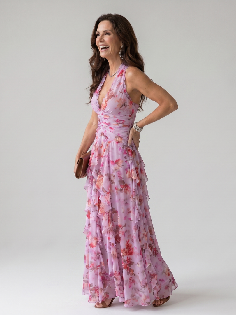 Women's Halter Neck Floral Maxi Dress with Ruffle Skirt | Elena