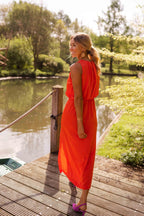 Women's Halter Neck Midi Dress with Draped Waist & Front Slit | Fern