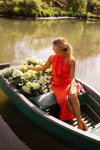 Women's Halter Neck Midi Dress with Draped Waist & Front Slit | Fern