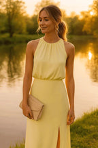 Women's Halter Neck Midi Dress with Draped Waist & Front Slit | Fern