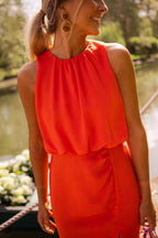Women's Halter Neck Midi Dress with Draped Waist & Front Slit | Fern