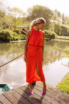 Women's Halter Neck Midi Dress with Draped Waist & Front Slit | Fern
