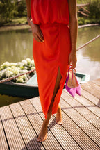 Women's Halter Neck Midi Dress with Draped Waist & Front Slit | Fern