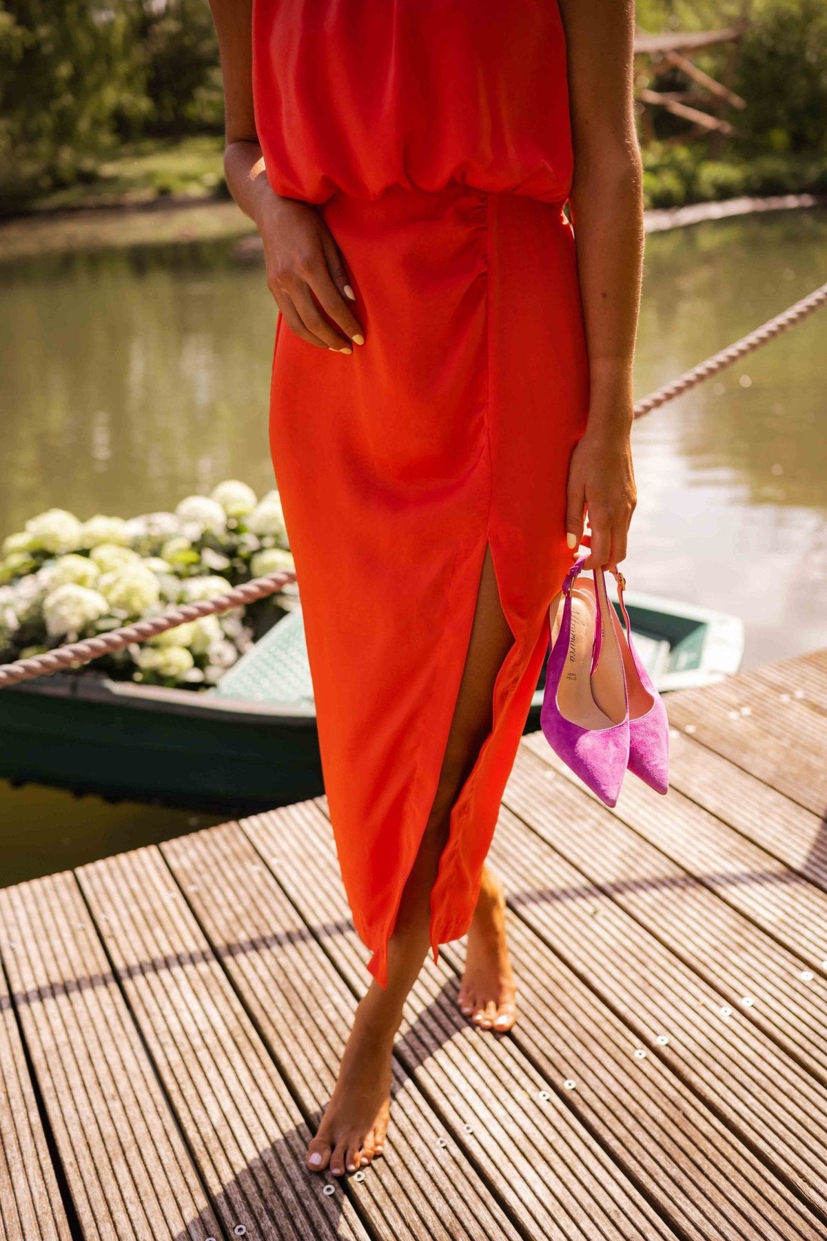 Women's Halter Neck Midi Dress with Draped Waist & Front Slit | Fern