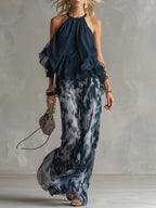 Women's Halter Neck Ruffle Top & Wide Leg Trousers Set | Sienna