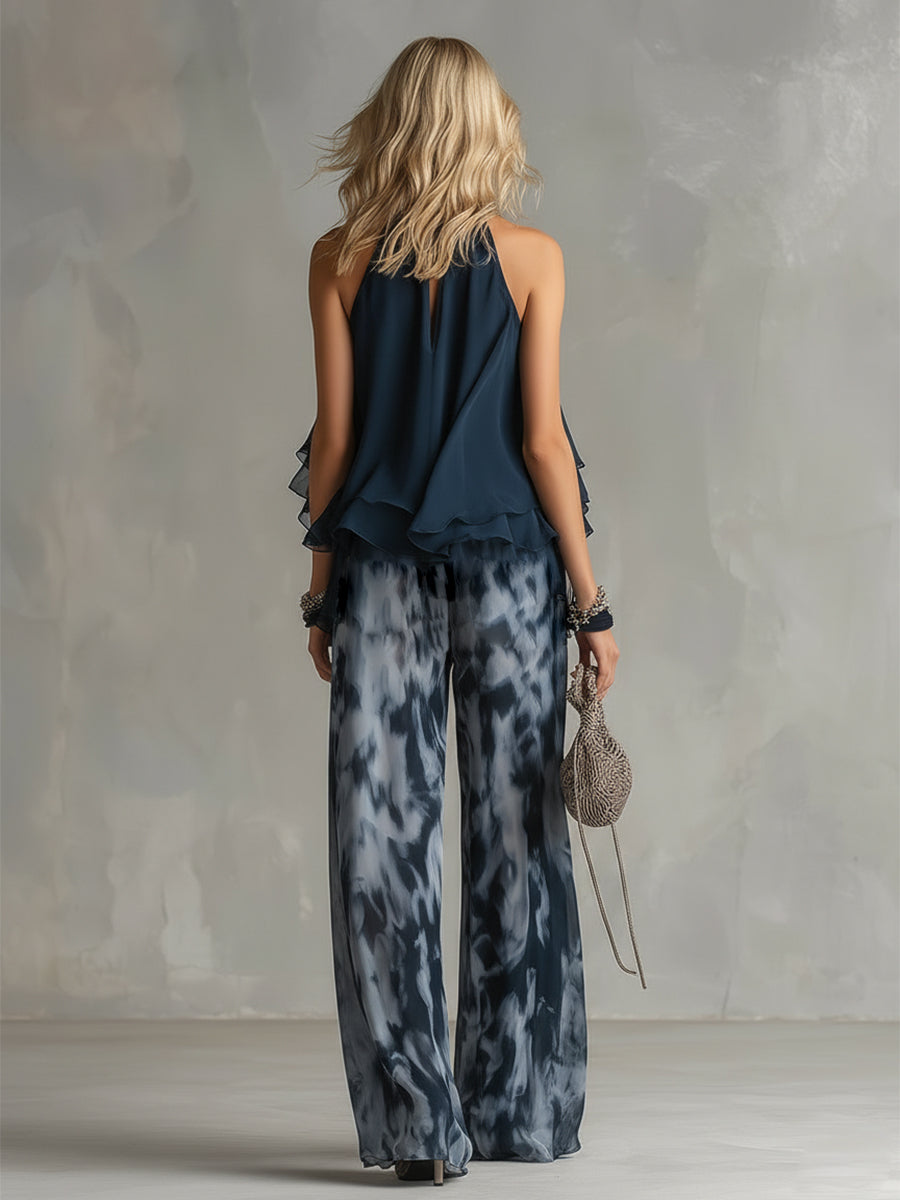 Women's Halter Neck Ruffle Top & Wide Leg Trousers Set | Sienna
