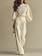 Women's Ivory Knit Puff Sleeve Top & Wide Leg Trouser Set | Aurora