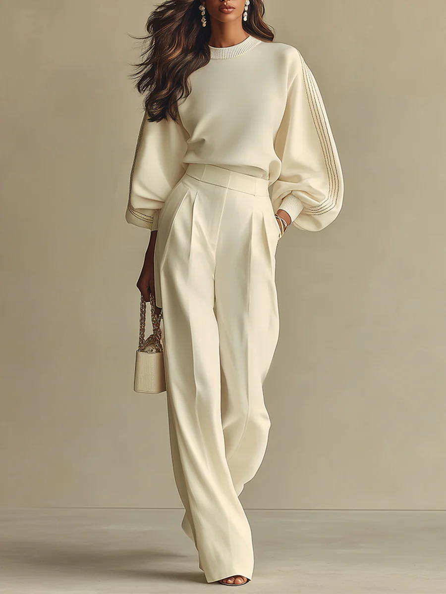 Women's Ivory Knit Puff Sleeve Top & Wide Leg Trouser Set | Aurora