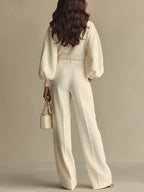 Women's Ivory Knit Puff Sleeve Top & Wide Leg Trouser Set | Aurora