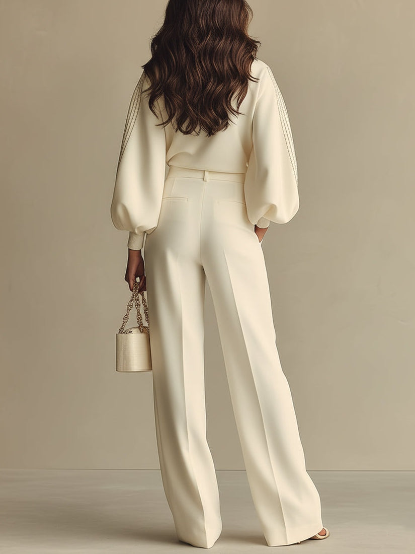 Women's Ivory Knit Puff Sleeve Top & Wide Leg Trouser Set | Aurora