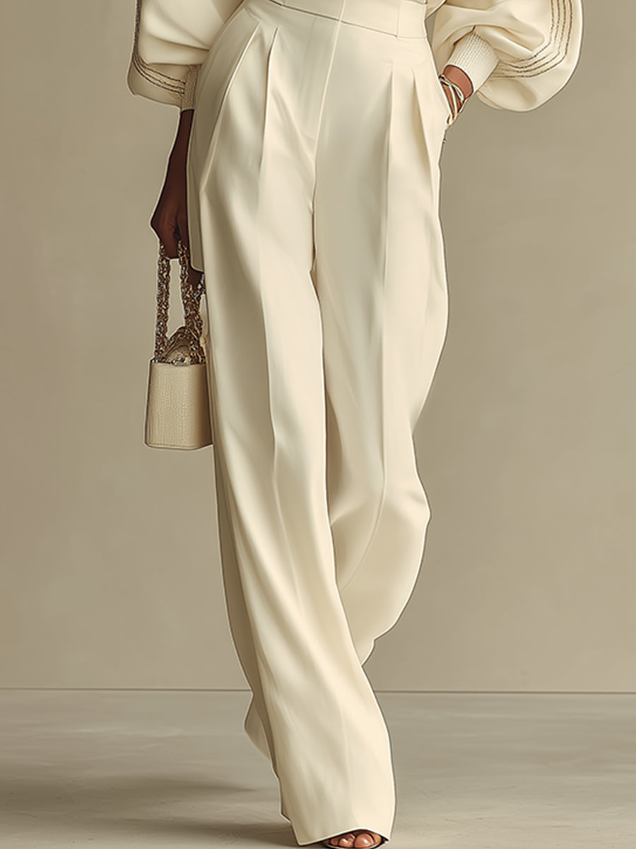 Women's Ivory Knit Puff Sleeve Top & Wide Leg Trouser Set | Aurora