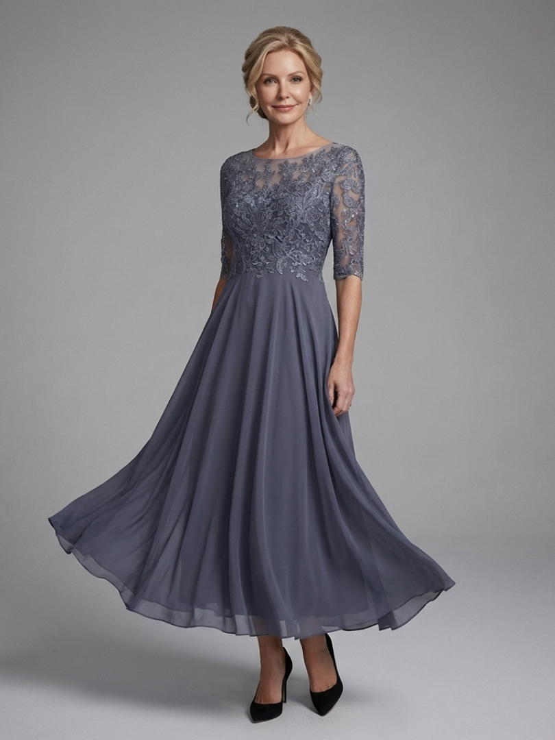 Women's Lace Bodice Midi Dress with Sheer Sleeves | Thea