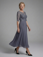 Women's Lace Bodice Midi Dress with Sheer Sleeves | Thea