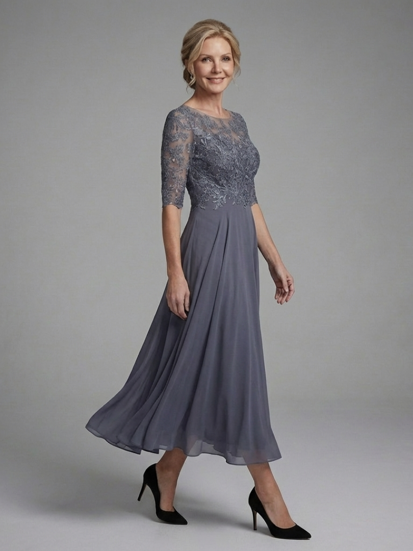 Women's Lace Bodice Midi Dress with Sheer Sleeves | Thea