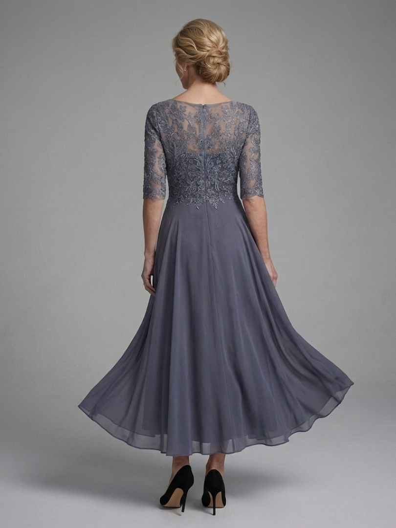 Women's Lace Bodice Midi Dress with Sheer Sleeves | Thea