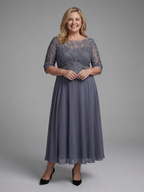 Women's Lace Bodice Midi Dress with Sheer Sleeves | Thea