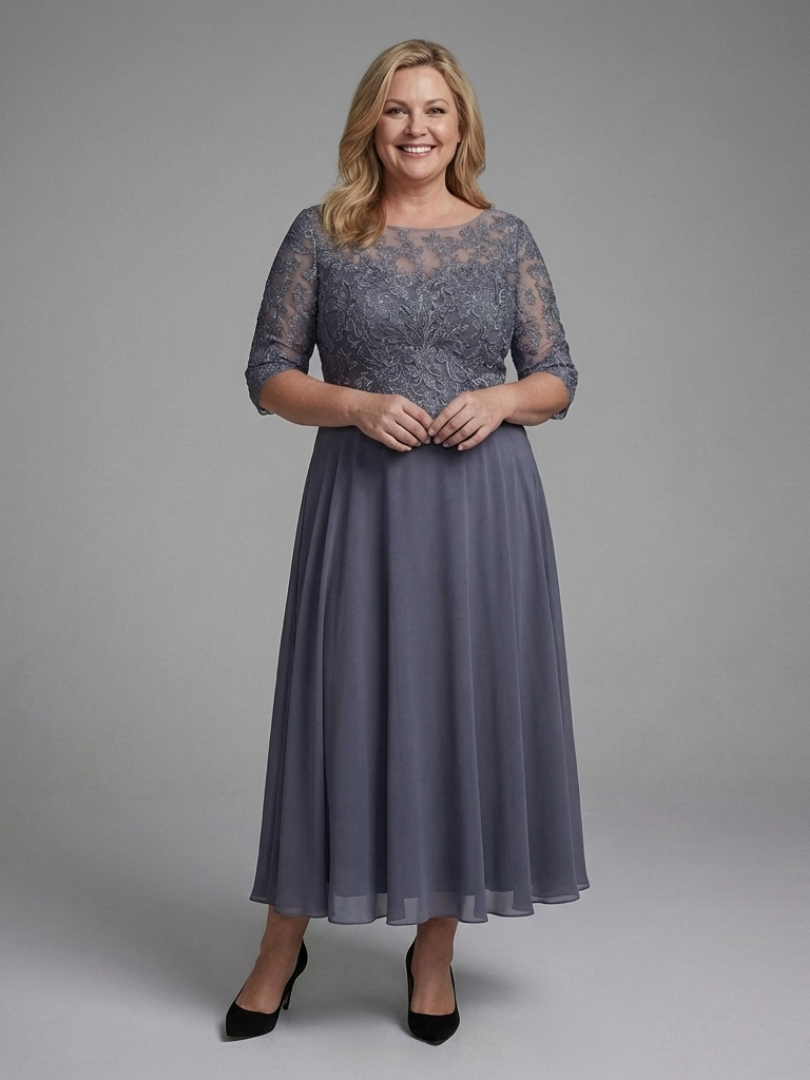 Women's Lace Bodice Midi Dress with Sheer Sleeves | Thea