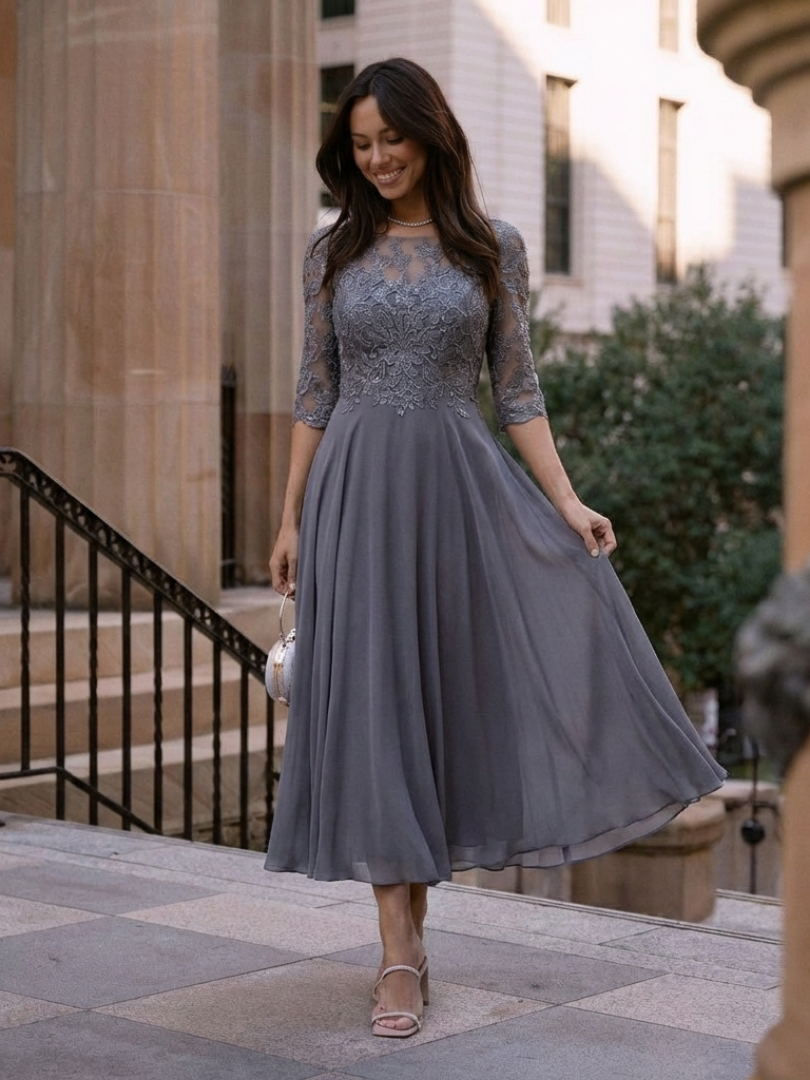 Women's Lace Bodice Midi Dress with Sheer Sleeves | Thea