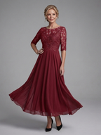 Women's Lace Bodice Midi Dress with Sheer Sleeves | Thea
