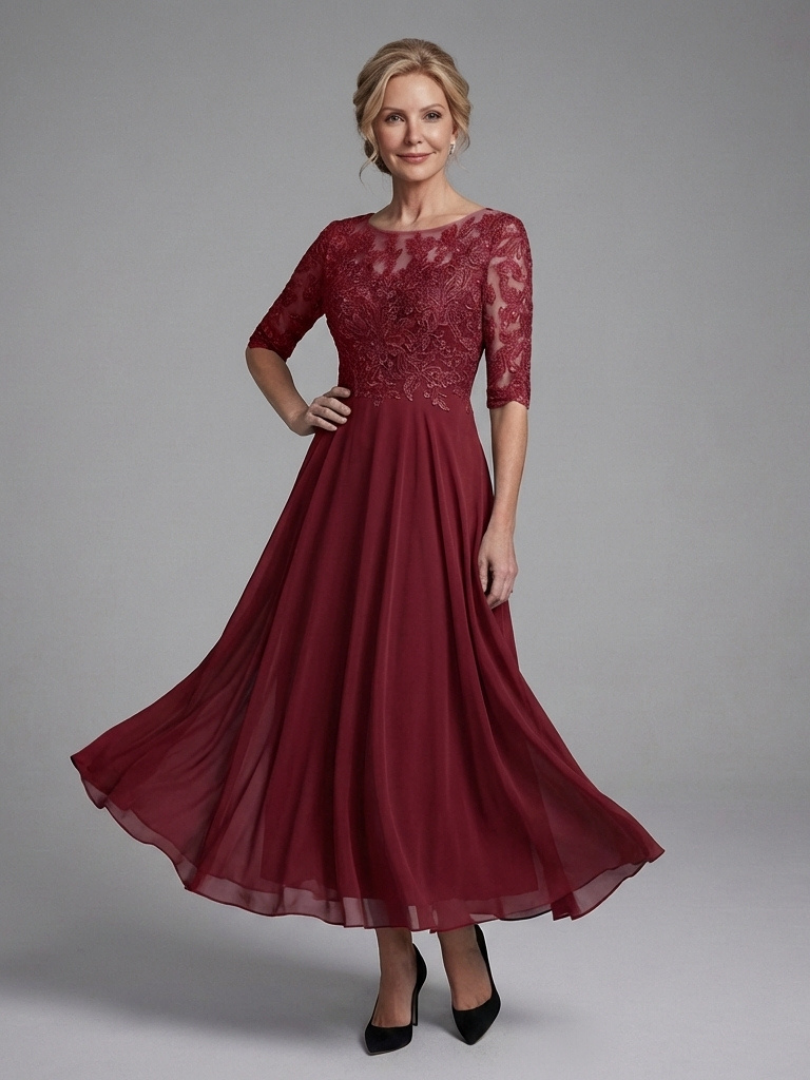 Women's Lace Bodice Midi Dress with Sheer Sleeves | Thea