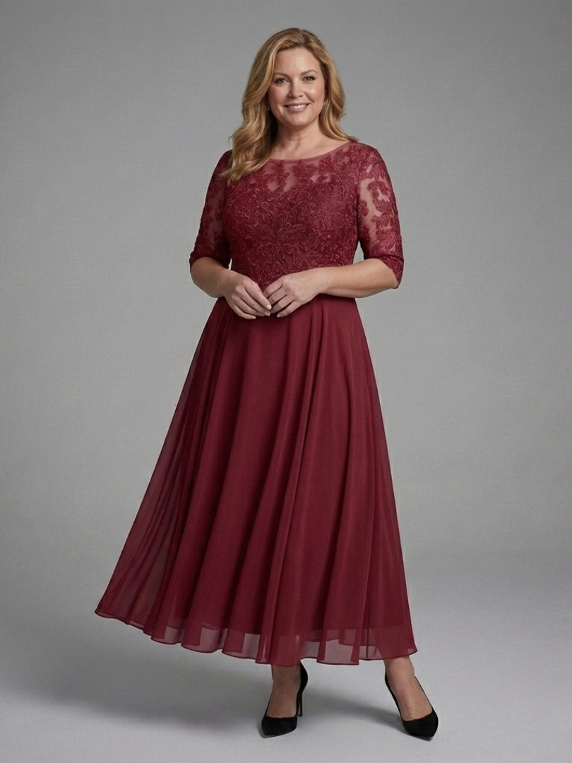 Women's Lace Bodice Midi Dress with Sheer Sleeves | Thea