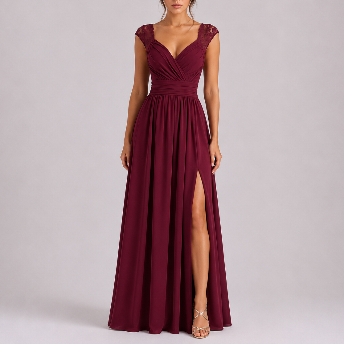 Women's Lace Cap Sleeve Wrap Maxi Dress with Side Slit | Juniper